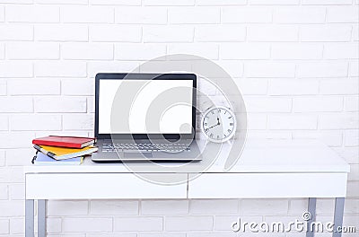 Workspace with laptop and other work accessories with copy space. Blank, template computer screen Stock Photo