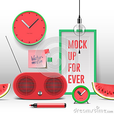 Workspace mock up, red objects Vector Illustration