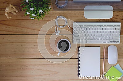 Workspace modern desktop computer on wood table and office stuff. Stock Photo