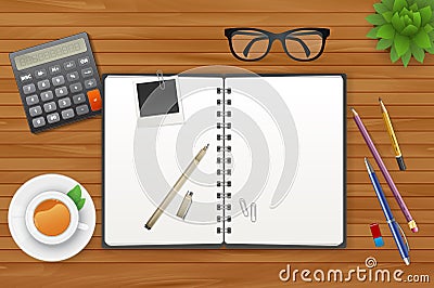 Workspace with notebook and tea Vector Illustration