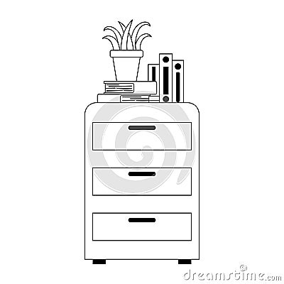 Workspace office cabinet books and plant isolated design white background line style Vector Illustration