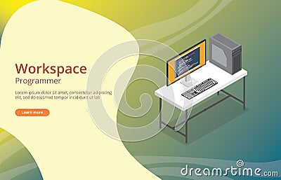 Workspace programmer or developer with coding on screen Cartoon Illustration