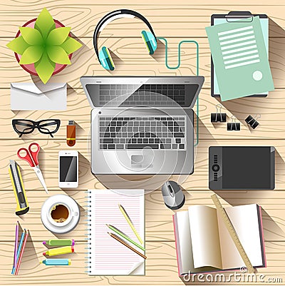 Workspace top view. Office desk Vector Illustration