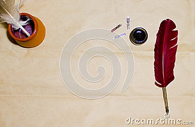 Workspace top view photo. Tools ready for work. Writing, calligraphy, poetry tools. Banner for Knowledge Day greetings Stock Photo