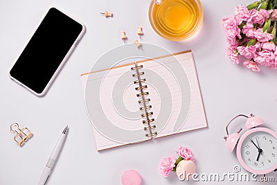 Workspace. Wedding planner. Decorations. Flat lay. Stock Photo