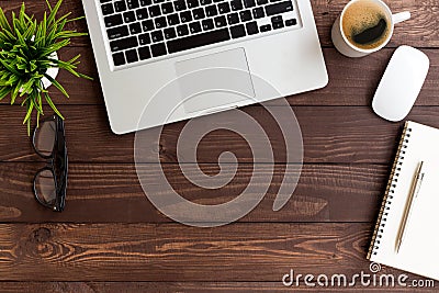 Workspace wood table on top view Stock Photo