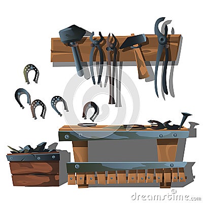 Workstation forge, horseshoes and tools Vector Illustration