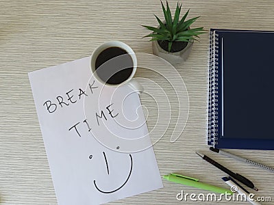 Worktable. Break time, coffee break background composition. Top view. Relaxation, business morning, break time, coffee time. Stock Photo