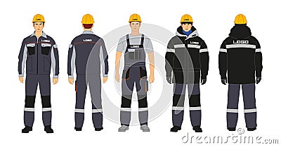 Workwear branding. Blanks for corporate identity. Black and gray colors. A man in a winter jacket and overalls Vector Illustration