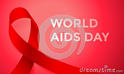 World AIDS day red ribbon poster or banner for 1 December awareness world day. Vector HIV and AIDS ribbon logo symbol or emblem ba Vector Illustration