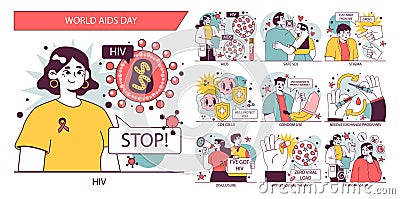 World AiDs day set. HIV, immunodeficiency virus transmission, laboratory Vector Illustration