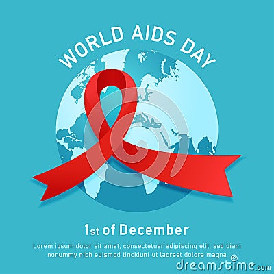 World Aids hiv day event poster with red ribbon symbol and blue round world map vector illustration background Vector Illustration