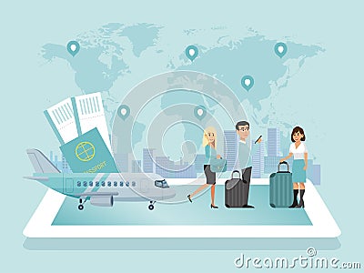 World airport, character male, female aircraft crew and passenger, concept flat vector illustration. World map, occupant Vector Illustration