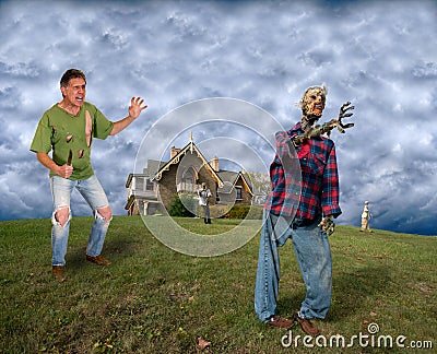 World Apocalypse, Man Fight Zombies Stock Photo