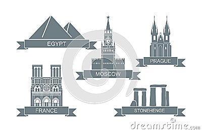 World architectural attractions. Stylized flat icons. Landmarks of Moscow, Prague, Egypt, Paris, England Vector Illustration