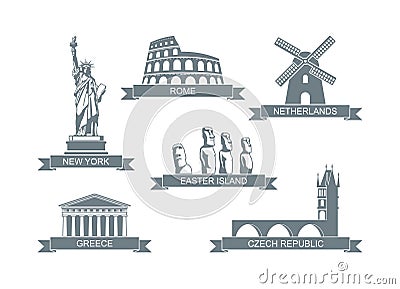 World architectural attractions. Stylized flat icons The statue of liberty, the Colosseum, the Parthenon and other Vector Illustration