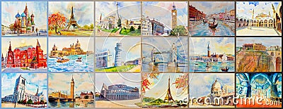 World architectural set of Travel around the world and sights. Famous landmark of europe Cartoon Illustration