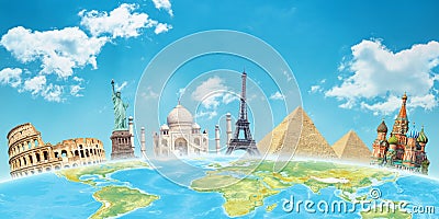 World attractions behind the globe. Travel concept Stock Photo