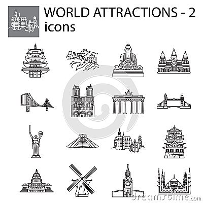 World Attractions icon line, linear vector set. Black signs, symbols. Icons for tourism. Set of stylish icons on a white Vector Illustration