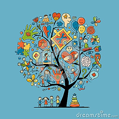 World autism awareness day. Art concept tree. Symbol of autism. Sketch for your design Vector Illustration