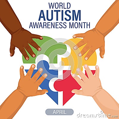 World Autism Awareness Day banner. Children's hands and colorful heart puzzles. Poster Vector Illustration