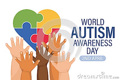 World Autism Awareness Day banner. Children's hands and colorful heart puzzles. Poster Vector Illustration