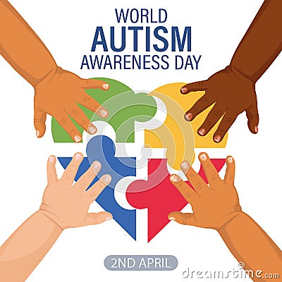 World Autism Awareness Day banner. Children's hands and colorful heart puzzles. Poster Vector Illustration