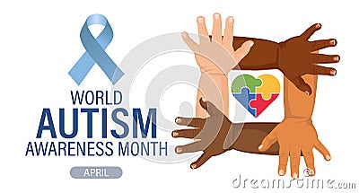 World Autism Awareness Day banner. Children's hands and colorful heart puzzles. Poster Vector Illustration