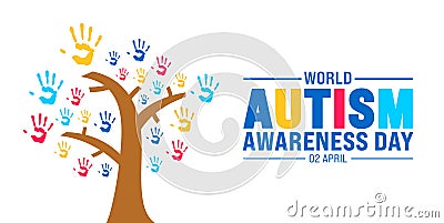 World Autism Awareness Day concept colorful kids hand tree background. child handprint shaped autism vector illustrator Vector Illustration