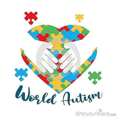 world autism awareness day hands with heart puzzles Vector Illustration