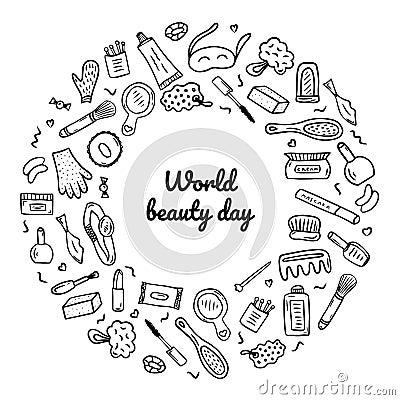 World beauty day. Cosmetics and make up doodle icons in a circle. Hand drawn vector fashion sketch items for shop Stock Photo