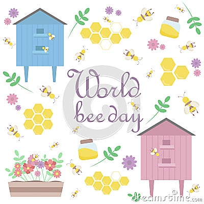 A set of pictures of bees, a bee hive, honeycomb, a jar of honey, flowers and plants. Vector Illustration