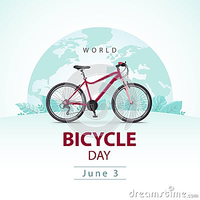 World Bicycle Day on the background of a globe with a bike and leaves Stock Photo