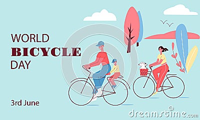 World Bicycle Day. Family traveling on bike. Parents, children and dog in bascet. Vector Illustration