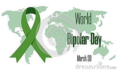 World bipolar day on March 30 concept. Vector illustration of world map with green awareness ribbon and text for social Vector Illustration