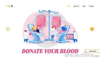 World Blood Donor Day, Donation, Health Care Landing Page Template. Volunteers Characters in Hospital Donating Blood Vector Illustration