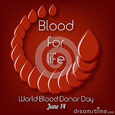 World Blood Donor Day, June 14 poster template with text Blood for Life and blood drops in circle shape. Vector Illustration