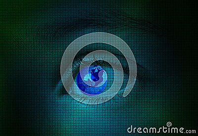 The world on blue pixeled eye Stock Photo