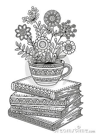 World Book Day. Black and white coloring page for adults. Doodle flowers in cup. Detailed doodle coloring Vector Illustration