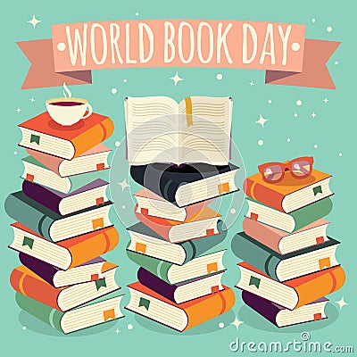 World book day, open book on stack of books with glasses on mint background Vector Illustration