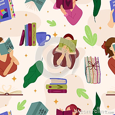 World book day vector seamless pattern. Cozy hand drawn endless print with reading woman and stack of books. Vector Illustration