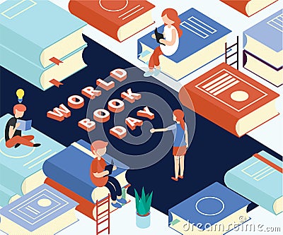 World Book Day, Where people are reading book Isometric Artwork Concept Stock Photo