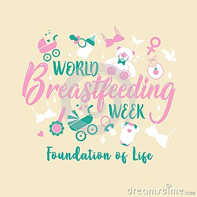 World breastfeeding week and kids elements flat icon set concept. Child illustrations design Vector Illustration