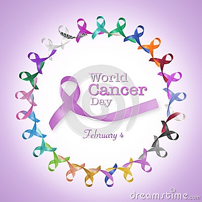 World cancer day, February 4 announcement among multi-color and lavender purple ribbons for raising awareness of all kind tumors Stock Photo