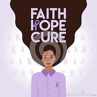 World Cancer Day 4 February. Faith, hope, cure phrase. Black woman with purple ribbon on chest with lettering on hair. Cancer Vector Illustration