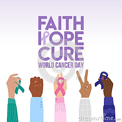 World Cancer Day 4 February. Pink, blue, white, teal cancer ribbons on raised fists, V-sign gesture. Faith, hope, cure phrase. Vector Illustration