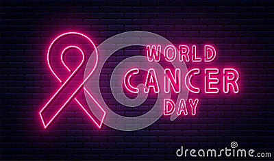 World Cancer Day, February 4. Red ribbon in neon light style. World Cancer Day background design Vector Illustration