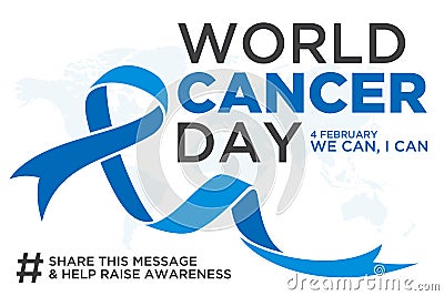 World cancer day lettering element design with blue color ribbon on white background Vector Illustration