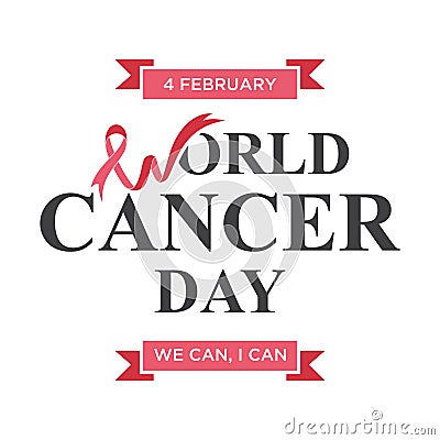 World cancer day lettering element design with letter w shaped ribbon Vector Illustration