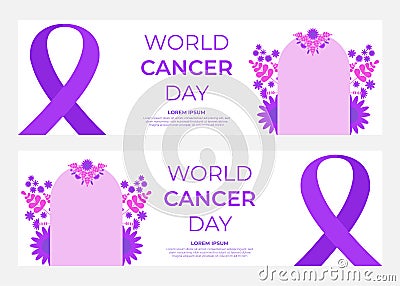 World cancer day purple ribbon horizontal banner template Vector Illustration